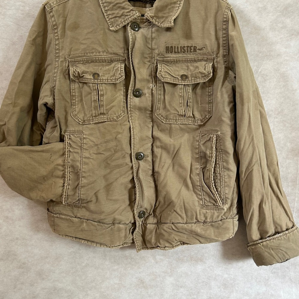 Hollister Mens M Khaki Tan Military Field Jacket Faux Fur Lined Distressed